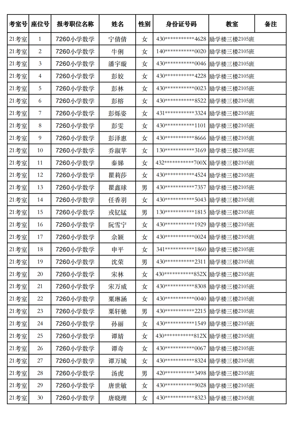 长沙市实验小学2023年引进高校毕业研究生笔试、选调骨干教师知识测验考场及座位号安排(图15)